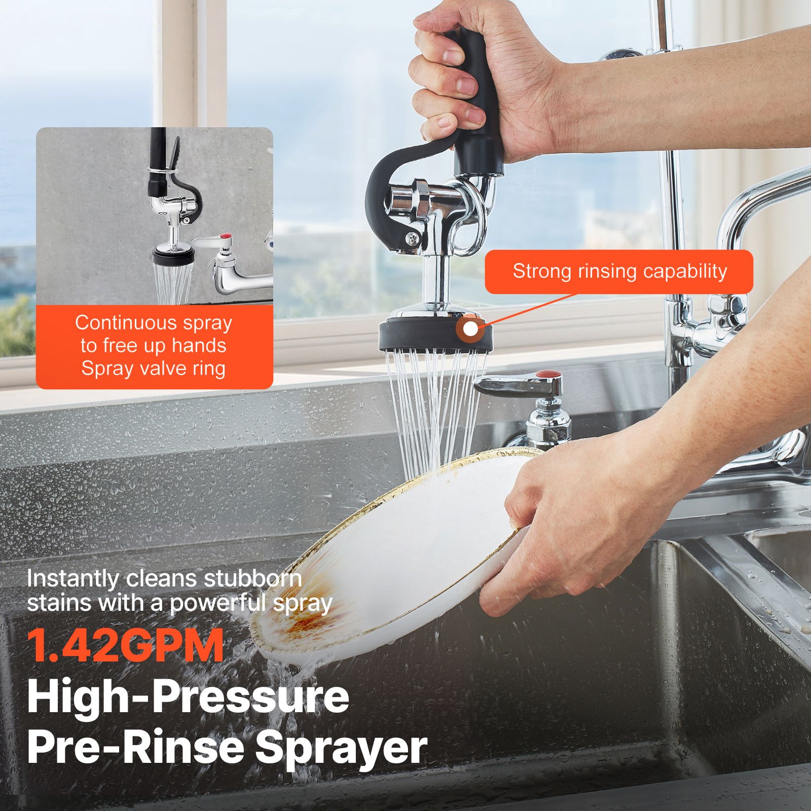 VEVOR Grifo Comercial con Pulverizador de Preenjuague, 63,5 cm de Altura, 20,32 cm de Centro, Caño Oscilante, Grifo para Fregadero de Cocina de Montaje en Pared, Dispositivo Construido en Latón