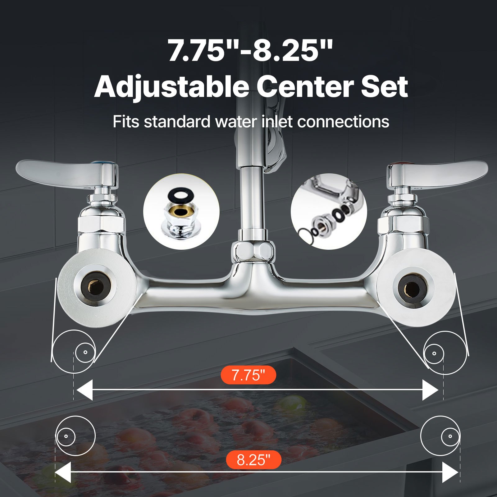 VEVOR Grifo Comercial con Pulverizador de Preenjuague, 63,5 cm de Altura, 20,32 cm de Centro, Caño Oscilante, Grifo para Fregadero de Cocina de Montaje en Pared, Dispositivo Construido en Latón
