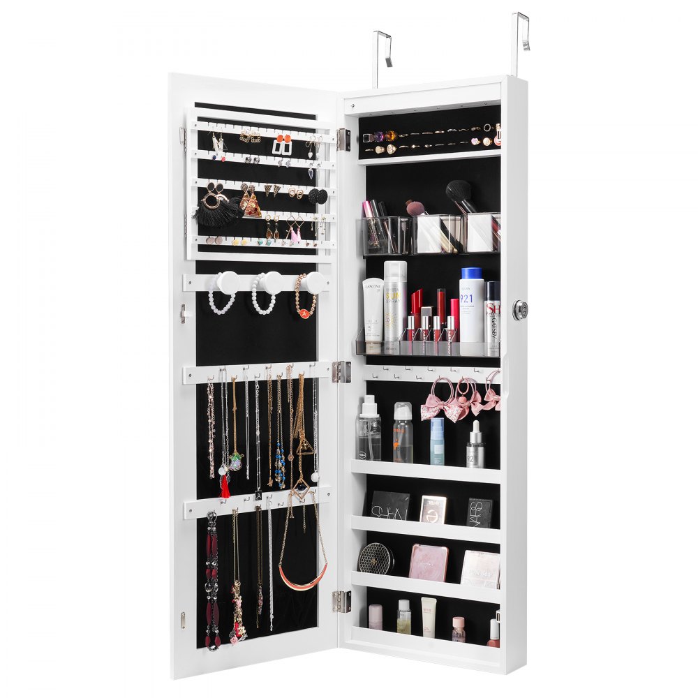 VEVOR Mirror Jewelry Cabinet, 42.52-Inch Tall Lockable Jewelry Cabinet Armoire with Full-Length Mirror, Wall or Door Mounted Jewelry Mirror Organizer with LED Interior Lights and Velvet Lining, White