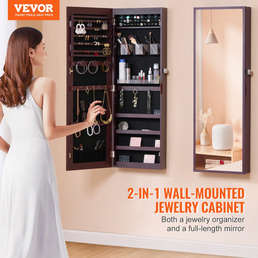 VEVOR Armario para Joyas de 108 cm de Alto con Cerradura y Espejo de Cuerpo Entero, Armario de Joyas con Espejo para Montaje en Pared o Puerta con Luces LED Interiores y Forro de Terciopelo, Marrón