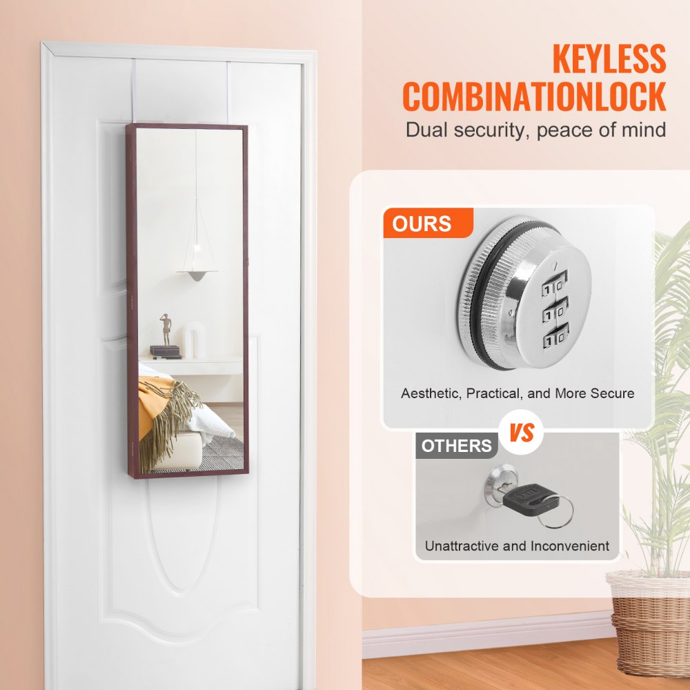 VEVOR Armario para Joyas de 108 cm de Alto con Cerradura y Espejo de Cuerpo Entero, Armario de Joyas con Espejo para Montaje en Pared o Puerta con Luces LED Interiores y Forro de Terciopelo, Marrón