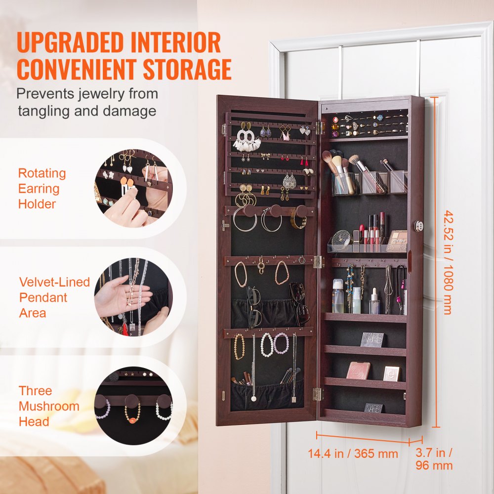 VEVOR Armario para Joyas de 108 cm de Alto con Cerradura y Espejo de Cuerpo Entero, Armario de Joyas con Espejo para Montaje en Pared o Puerta con Luces LED Interiores y Forro de Terciopelo, Marrón