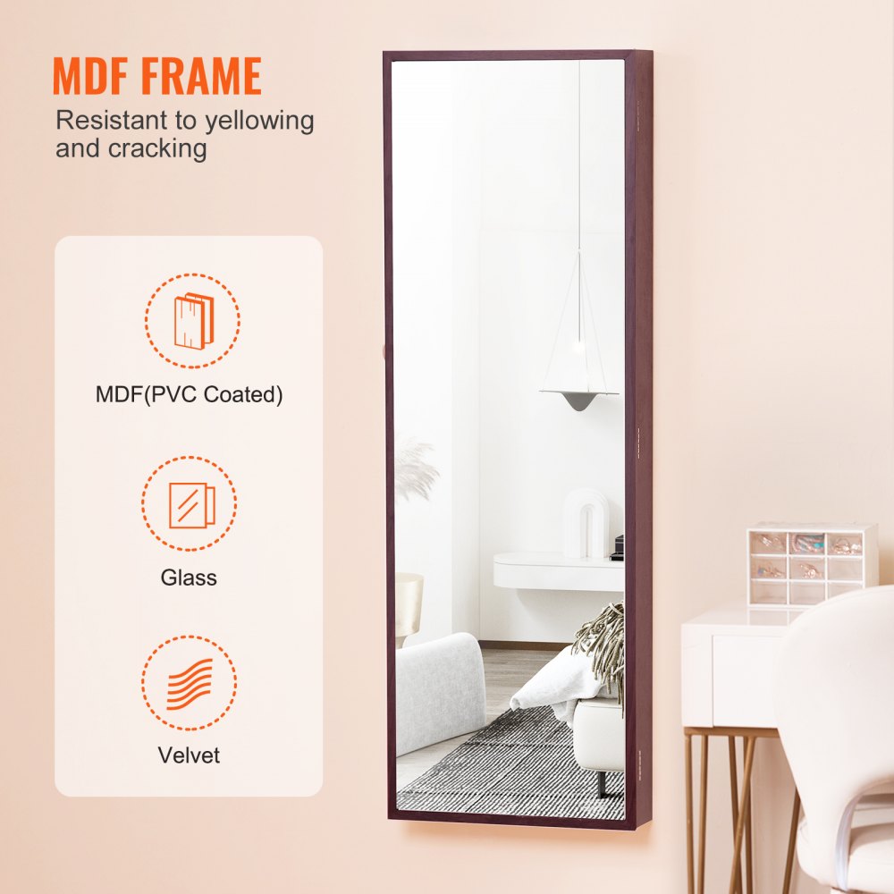 VEVOR Armario para Joyas de 108 cm de Alto con Cerradura y Espejo de Cuerpo Entero, Armario de Joyas con Espejo para Montaje en Pared o Puerta con Luces LED Interiores y Forro de Terciopelo, Marrón