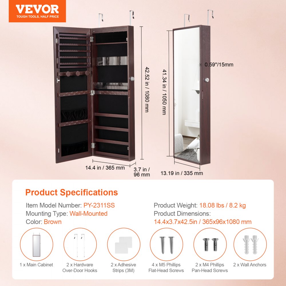 VEVOR Armario para Joyas de 108 cm de Alto con Cerradura y Espejo de Cuerpo Entero, Armario de Joyas con Espejo para Montaje en Pared o Puerta con Luces LED Interiores y Forro de Terciopelo, Marrón