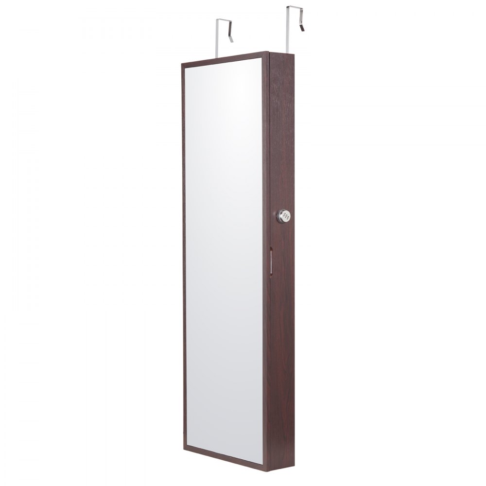 VEVOR Armario para Joyas de 108 cm de Alto con Cerradura y Espejo de Cuerpo Entero, Armario de Joyas con Espejo para Montaje en Pared o Puerta con Luces LED Interiores y Forro de Terciopelo, Marrón