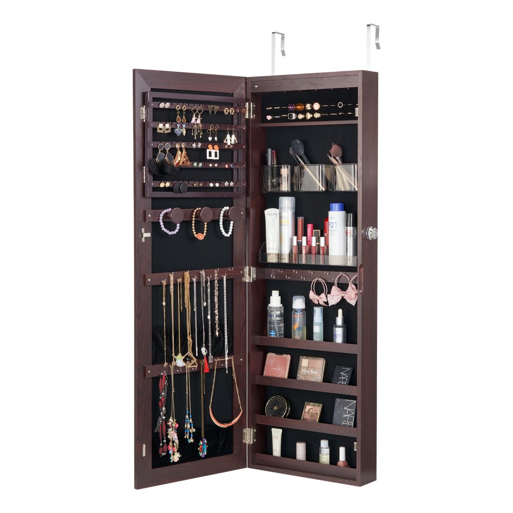 VEVOR Armario para Joyas de 108 cm de Alto con Cerradura y Espejo de Cuerpo Entero, Armario de Joyas con Espejo para Montaje en Pared o Puerta con Luces LED Interiores y Forro de Terciopelo, Marrón