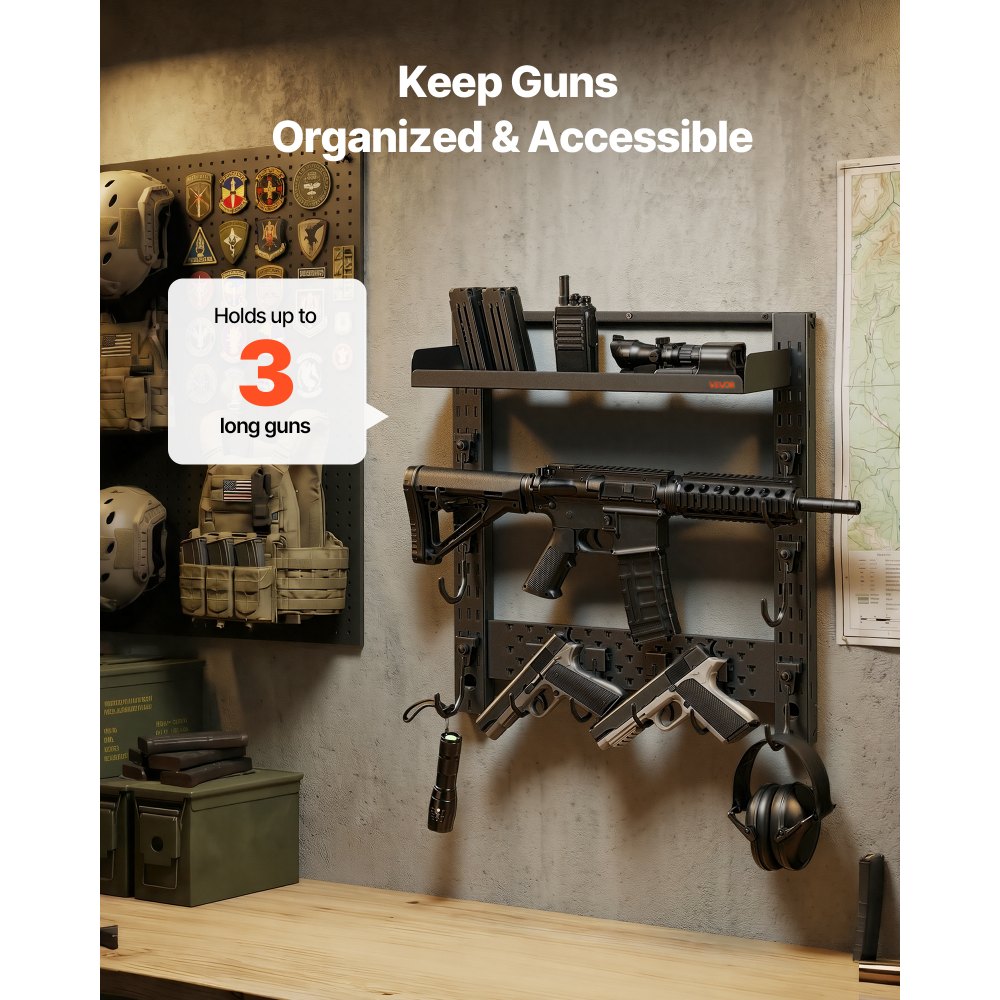 VEVOR Soporte de Montaje en Pared para Armas de Fuego, Capacidad de 3 Escopetas, con Estante Superior y Ganchos Adicionales para Accesorios, Acero al Carbono, para Almacenamiento Herramientas Tall