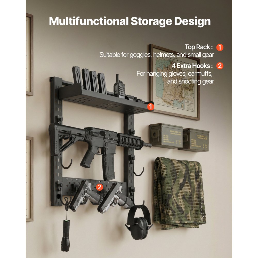 VEVOR Soporte de Montaje en Pared para Armas de Fuego, Capacidad de 3 Escopetas, con Estante Superior y Ganchos Adicionales para Accesorios, Acero al Carbono, para Almacenamiento Herramientas Tall