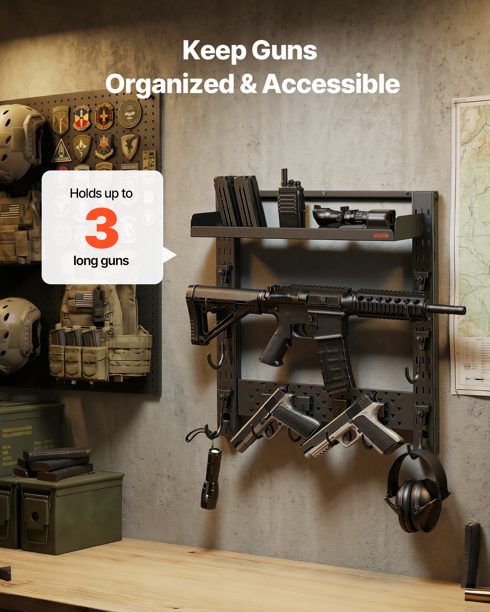 VEVOR Soporte de Montaje en Pared para Armas de Fuego, Capacidad de 3 Escopetas, con Estante Superior y Ganchos Adicionales para Accesorios, Acero al Carbono, para Almacenamiento Herramientas Tall