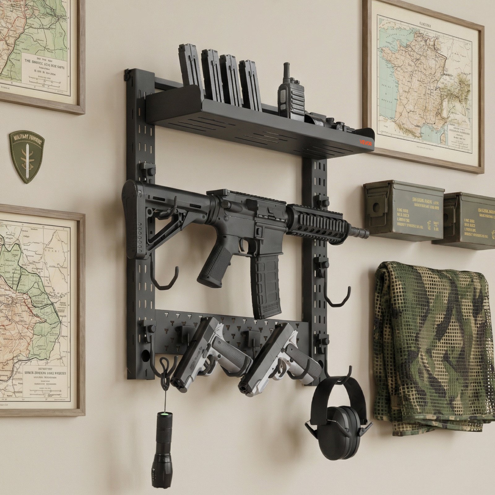 VEVOR Soporte de Montaje en Pared para Armas de Fuego, Capacidad de 3 Escopetas, con Estante Superior y Ganchos Adicionales para Accesorios, Acero al Carbono, para Almacenamiento Herramientas Tall