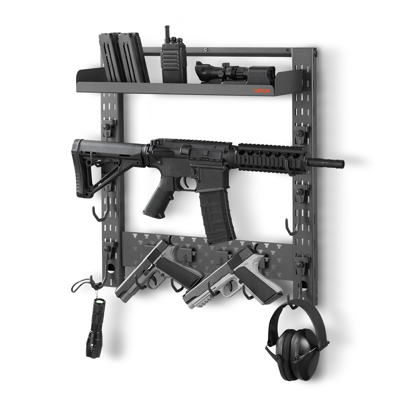 VEVOR Soporte de Montaje en Pared para Armas de Fuego, Capacidad de 3 Escopetas, con Estante Superior y Ganchos Adicionales para Accesorios, Acero al Carbono, para Almacenamiento Herramientas Tall