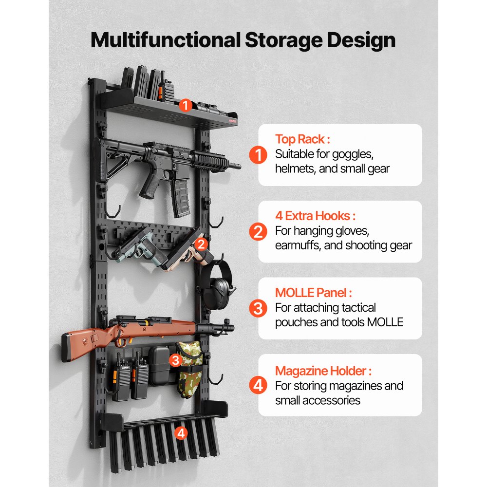 VEVOR Soporte de Montaje en Pared para Armas de Fuego, Capacidad de 5 Escopetas, con Estante Superior Portacargador Panel MOLLE Ganchos Adicionales, Acero al Carbono, para Herramientas Garaje Taller