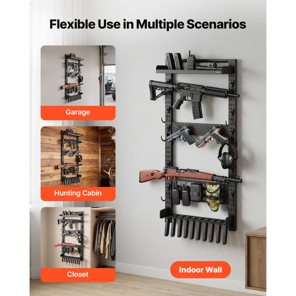 VEVOR Soporte de Montaje en Pared para Armas de Fuego, Capacidad de 5 Escopetas, con Estante Superior Portacargador Panel MOLLE Ganchos Adicionales, Acero al Carbono, para Herramientas Garaje Taller
