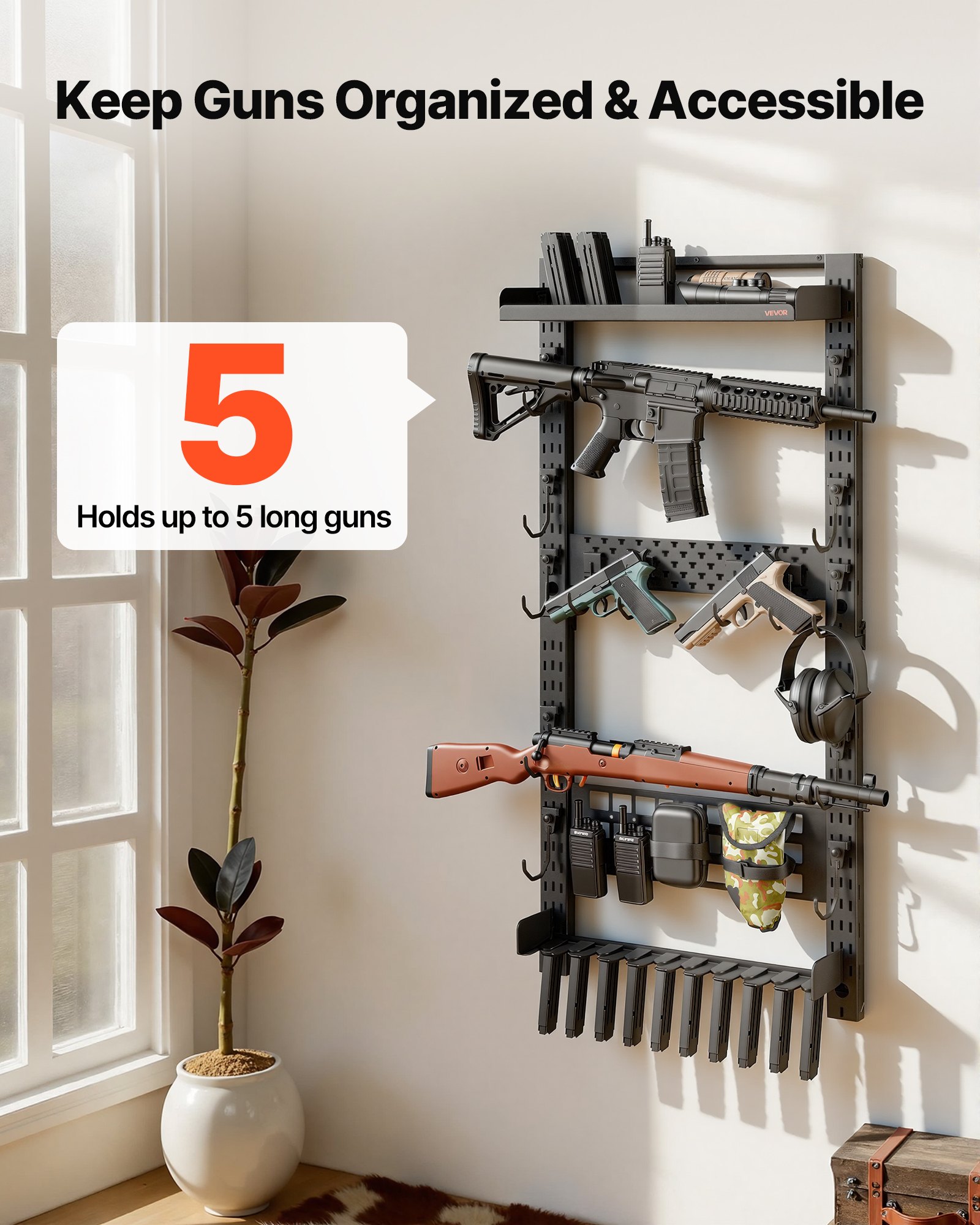 VEVOR Soporte de Montaje en Pared para Armas de Fuego, Capacidad de 5 Escopetas, con Estante Superior Portacargador Panel MOLLE Ganchos Adicionales, Acero al Carbono, para Herramientas Garaje Taller