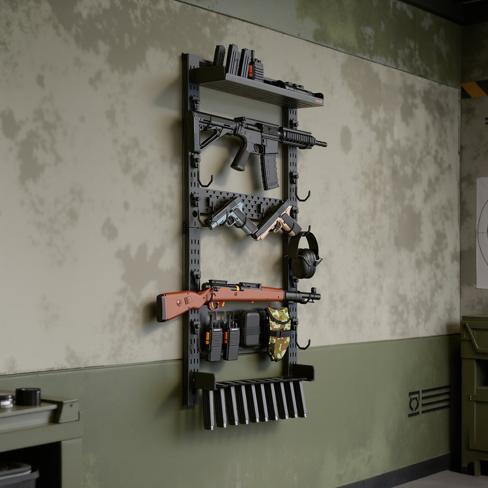 VEVOR Soporte de Montaje en Pared para Armas de Fuego, Capacidad de 5 Escopetas, con Estante Superior Portacargador Panel MOLLE Ganchos Adicionales, Acero al Carbono, para Herramientas Garaje Taller