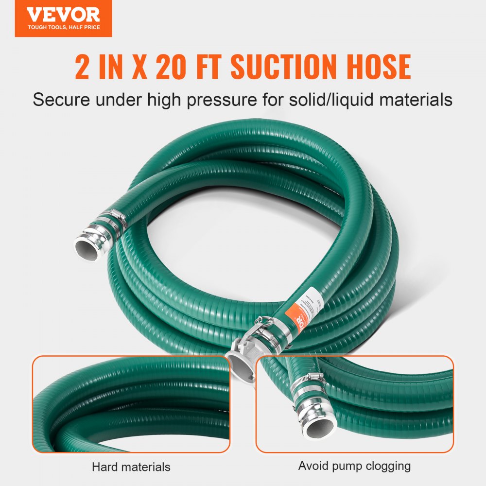 VEVOR Manguera de Succión de 50,8 mm x 6,1 m, Manguera con Conectores Bloqueos de Leva, Accesorios de Aluminio para Varias Bombas para Tratamiento de Aguas Residuales, Transporte de Agua, Verde