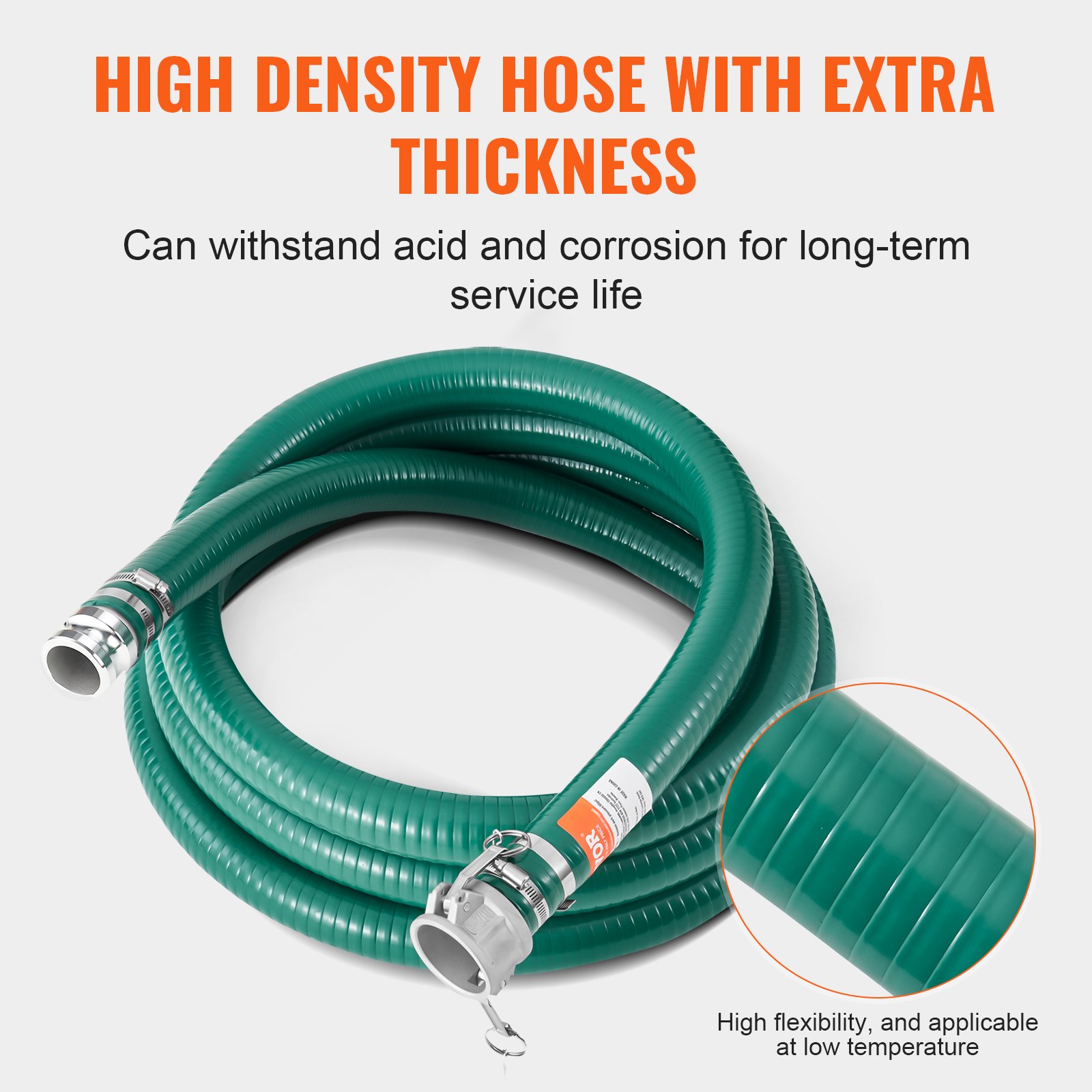 VEVOR Manguera de Succión de 50,8 mm x 6,1 m, Manguera con Conectores Bloqueos de Leva, Accesorios de Aluminio para Varias Bombas para Tratamiento de Aguas Residuales, Transporte de Agua, Verde