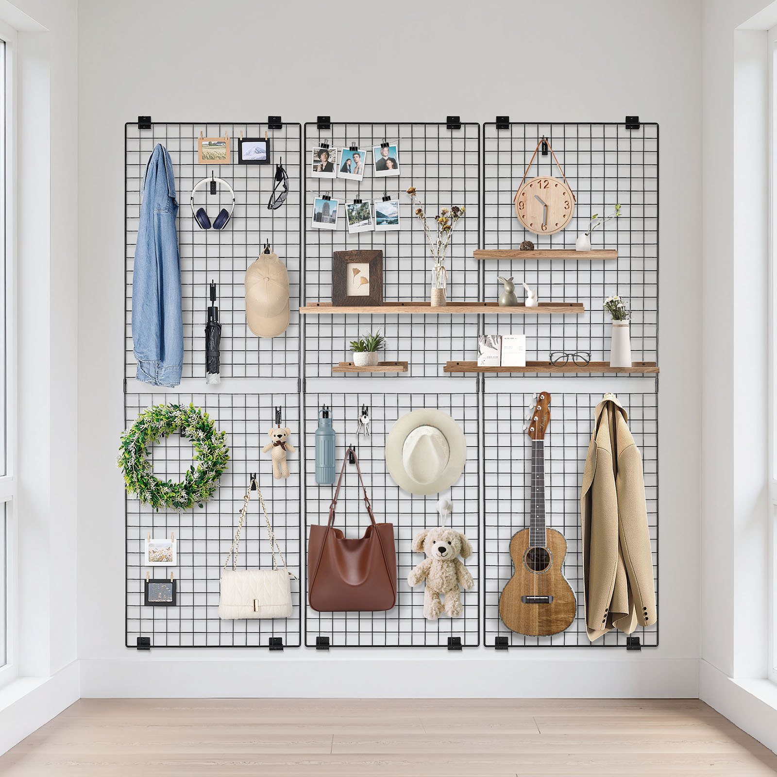 VEVOR Paneles de Pared de Rejilla, 610 x 11 x 1828 mm, 3 Unidades, Estante de Exhibición de Arte Montado en la Pared de Acero al Carbono, Tablero de Notas de Pared para Fotos, Decoración, Negro