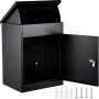 Buzón de paquetería VEVOR: caja negra con puerta abierta, ranura superior y hardware de montaje.
