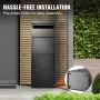 Caja de entrega de paquetes VEVOR con orificios pretaladrados para una fácil instalación, que se muestra contra un exterior moderno.