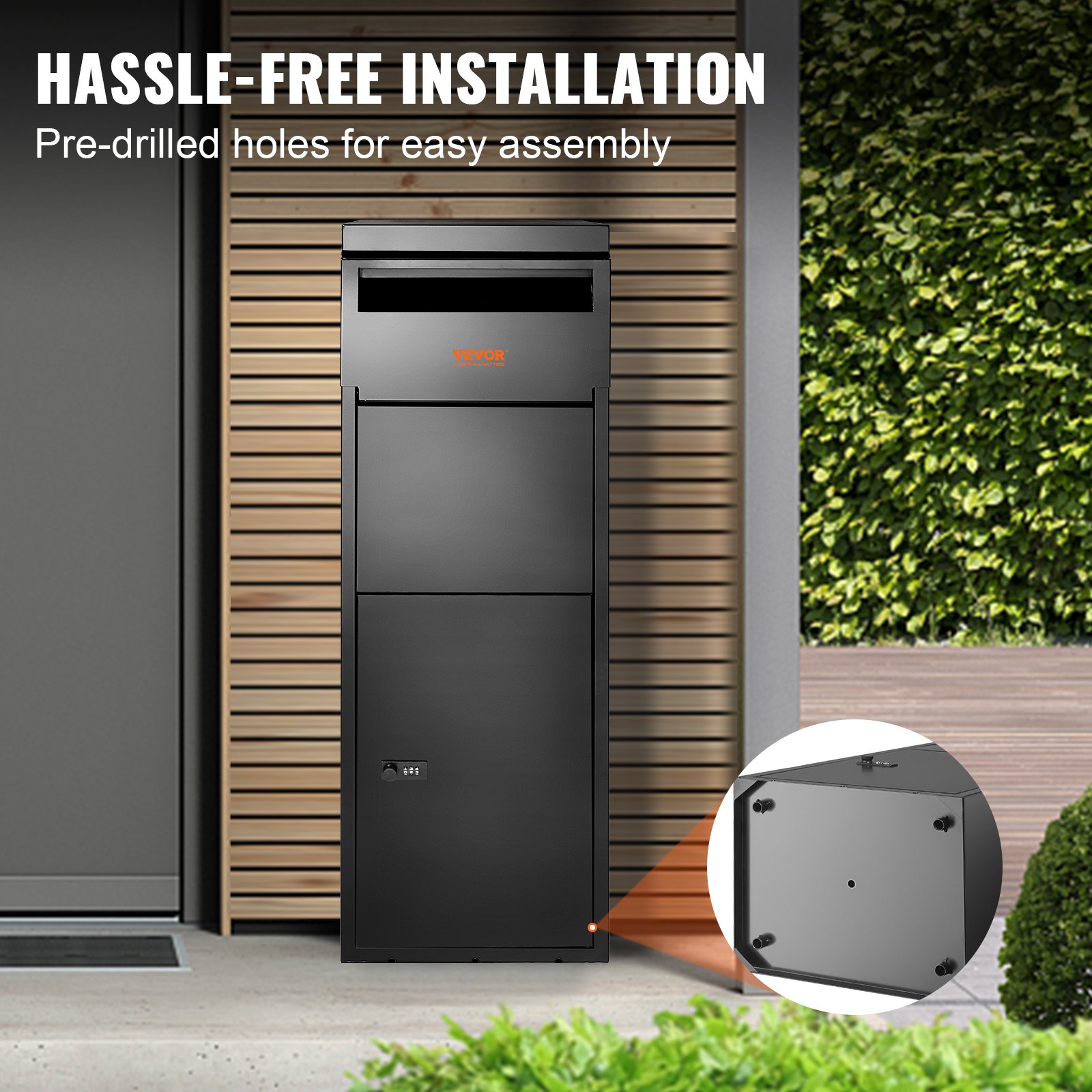 Caja de entrega de paquetes VEVOR con orificios pretaladrados para una fácil instalación, que se muestra contra un exterior moderno.