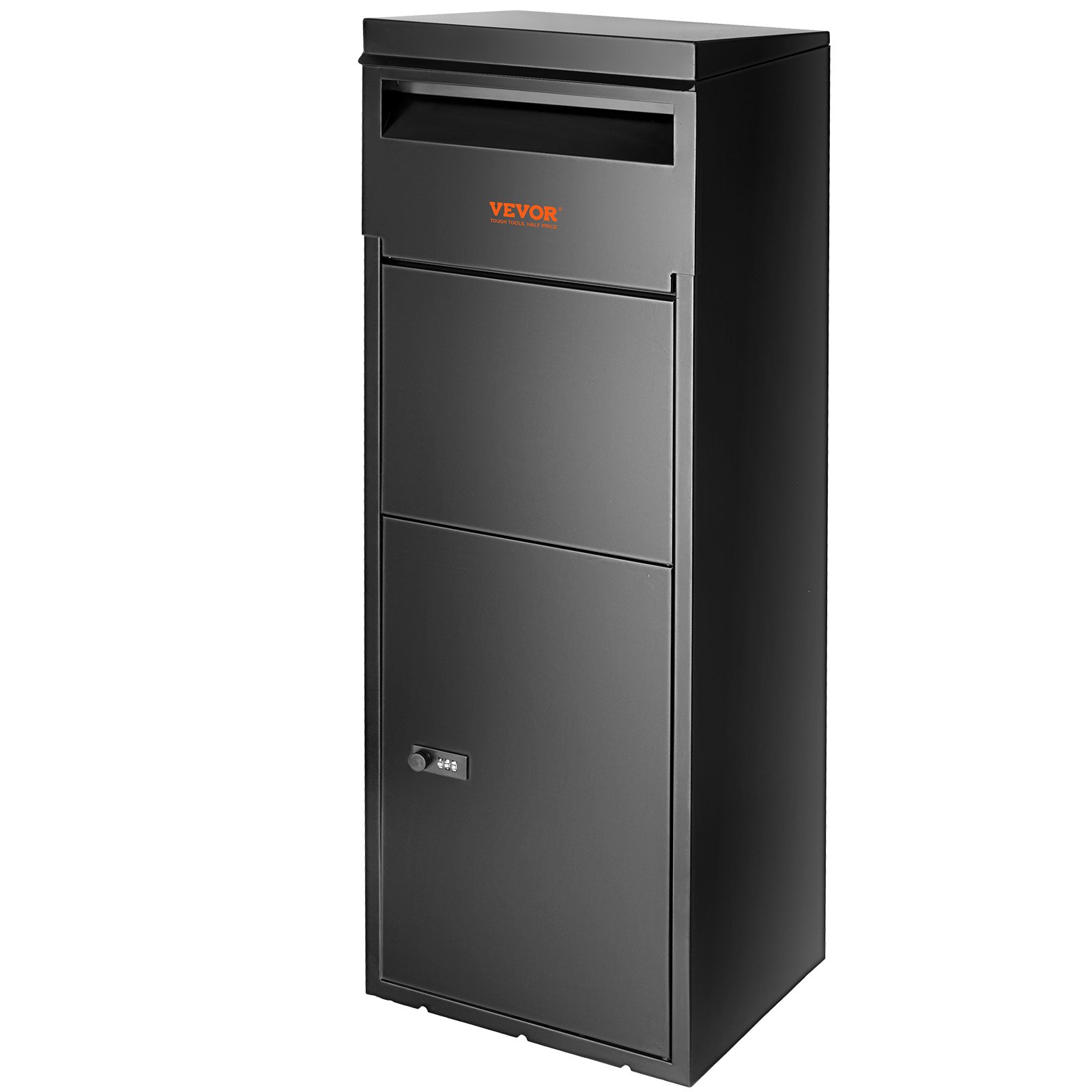 Caja de entrega de paquetes VEVOR vertical, negra, con compartimento inferior con cerradura y ranura para correo abierta.