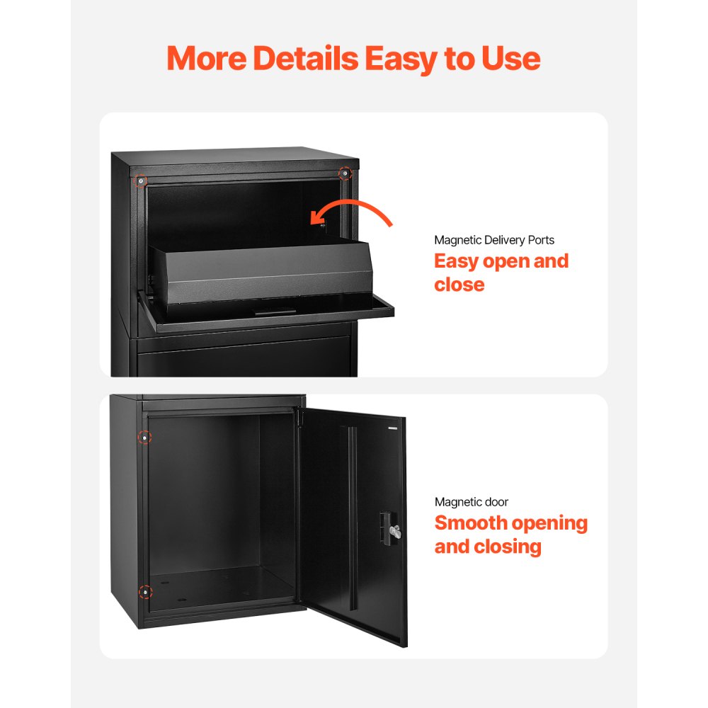 VEVOR Buzón de Correo para Paquetes de Exterior 500 x 398 x 980 mm Buzón con Cerradura de Acero Galvanizado con Diseño Antirrobo Resistente a la Intemperie para Hogar, Oficina, Porche, Negro