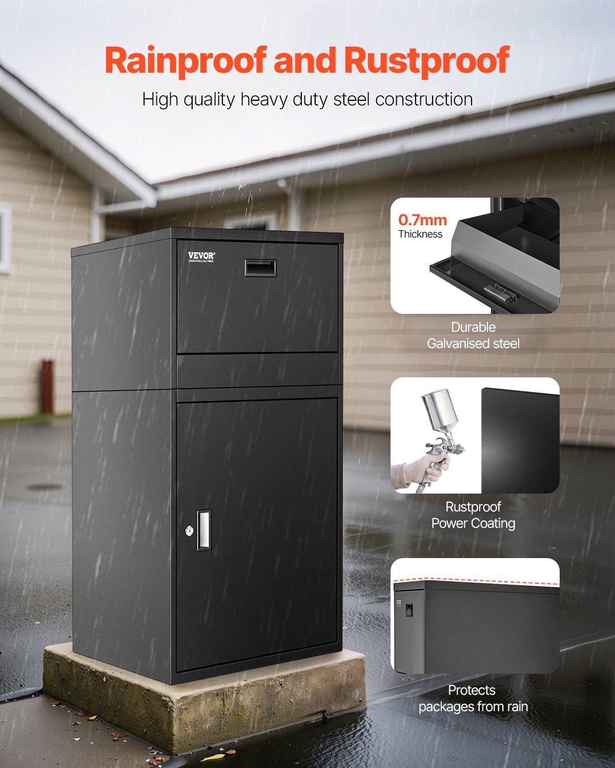 VEVOR Buzón de Correo para Paquetes de Exterior 500 x 398 x 980 mm Buzón con Cerradura de Acero Galvanizado con Diseño Antirrobo Resistente a la Intemperie para Hogar, Oficina, Porche, Negro