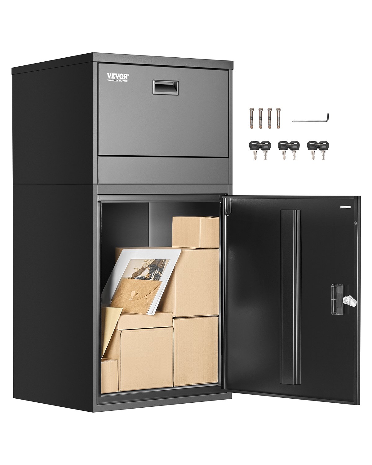 VEVOR Buzón de Correo para Paquetes de Exterior 500 x 398 x 980 mm Buzón con Cerradura de Acero Galvanizado con Diseño Antirrobo Resistente a la Intemperie para Hogar, Oficina, Porche, Negro