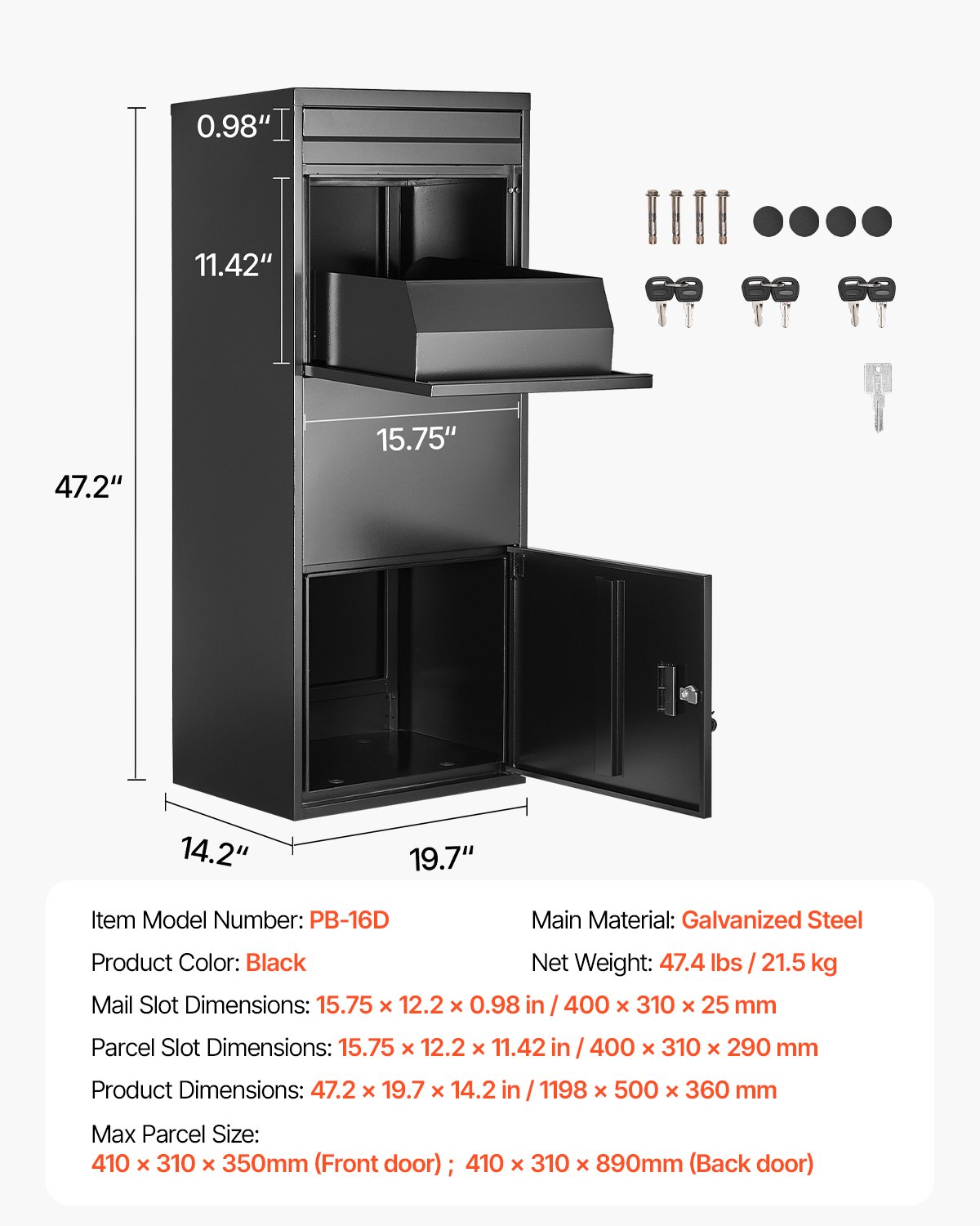 VEVOR Buzón de Correo para Paquetes de Exterior 1198 x 500 x 360 mm Buzón con Cerradura de Acero Galvanizado con Diseño Antirrobo Resistente a la Intemperie para Hogar, Oficina, Porche, Negro