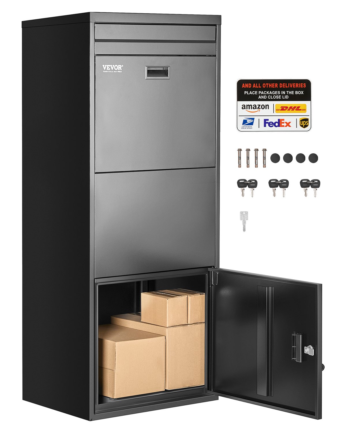 VEVOR Buzón de Correo para Paquetes de Exterior 1198 x 500 x 360 mm Buzón con Cerradura de Acero Galvanizado con Diseño Antirrobo Resistente a la Intemperie para Hogar, Oficina, Porche, Negro