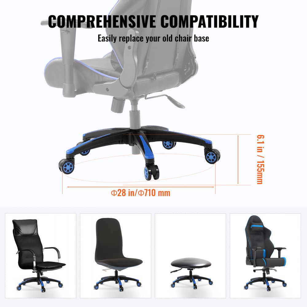 Base de repuesto para silla de oficina VEVOR, 28", carga estática de 2500 lb, base de taburete para silla de escritorio de computadora universal resistente con 5 ruedas y patas reforzadas, base de repuesto para silla de escritorio, negro + azul