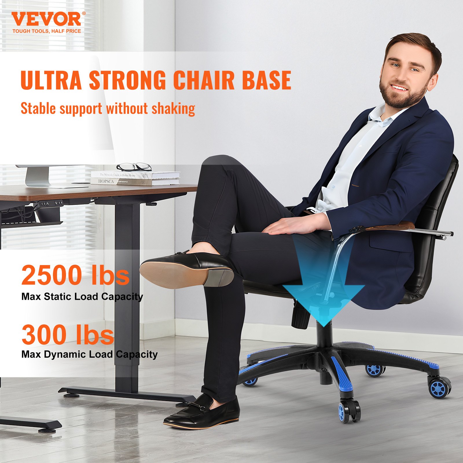 Base de repuesto para silla de oficina VEVOR, 28", carga estática de 2500 lb, base de taburete para silla de escritorio de computadora universal resistente con 5 ruedas y patas reforzadas, base de repuesto para silla de escritorio, negro + azul