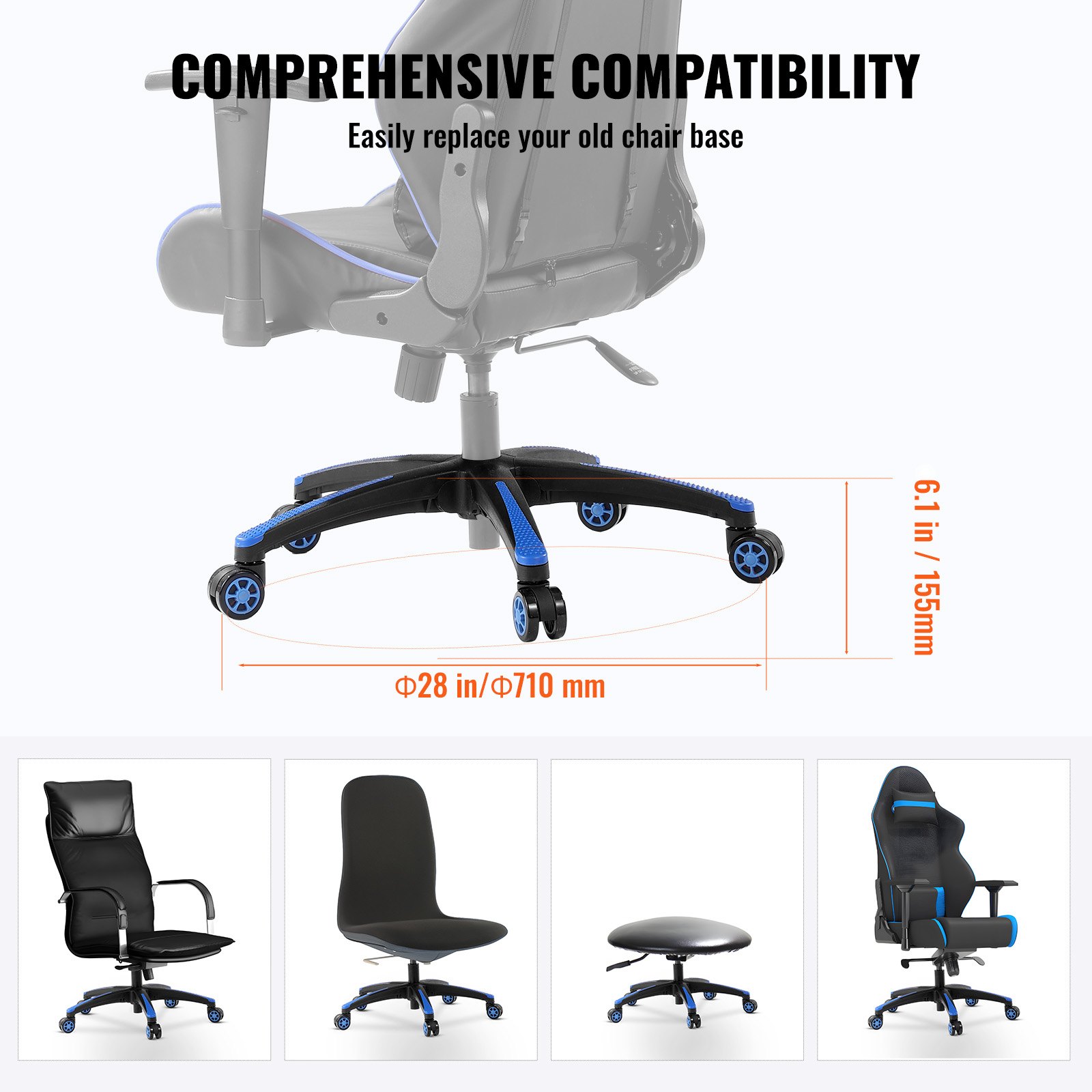 Base de repuesto para silla de oficina VEVOR, 28", carga estática de 2500 lb, base de taburete para silla de escritorio de computadora universal resistente con 5 ruedas y patas reforzadas, base de repuesto para silla de escritorio, negro + azul