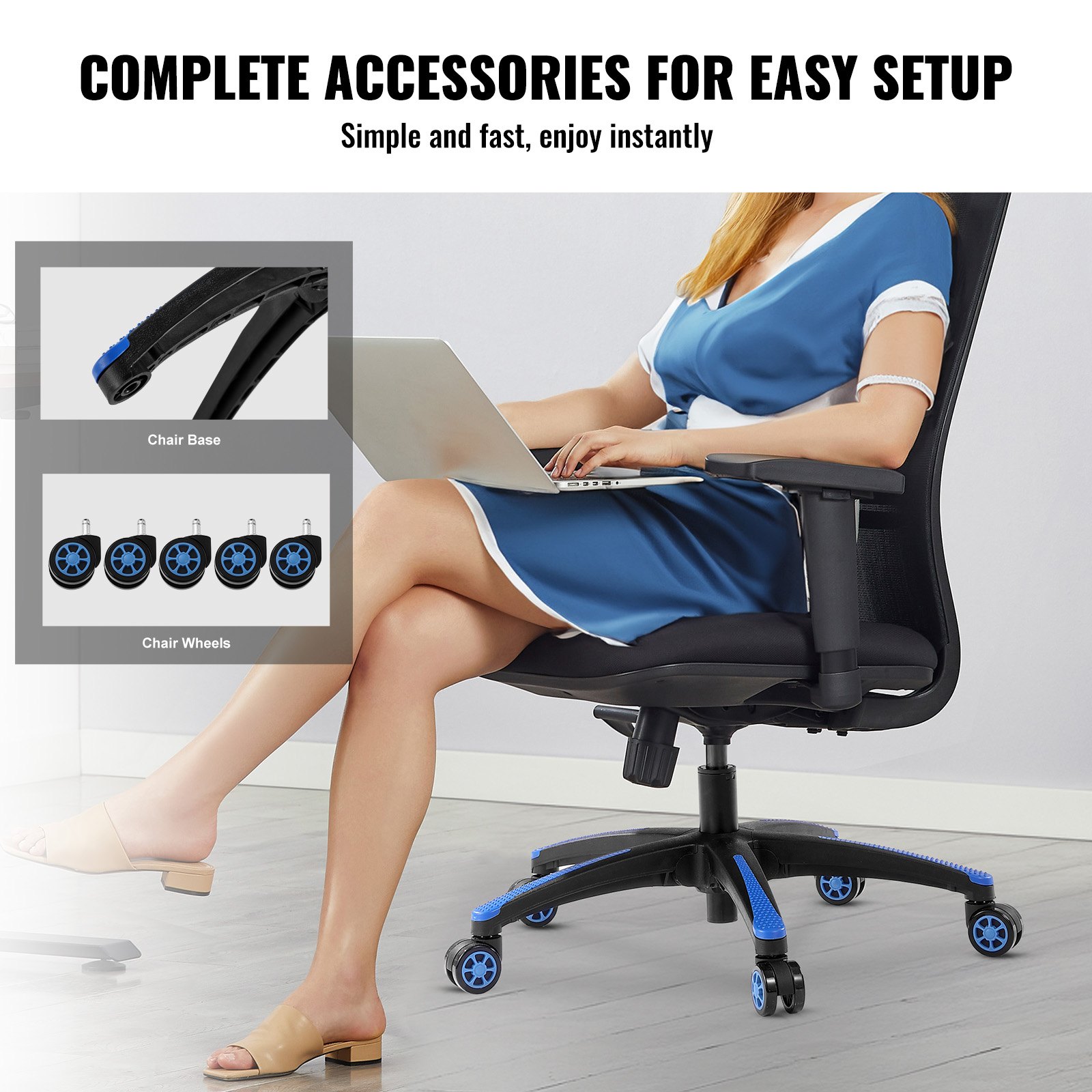 Base de repuesto para silla de oficina VEVOR, 28", carga estática de 2500 lb, base de taburete para silla de escritorio de computadora universal resistente con 5 ruedas y patas reforzadas, base de repuesto para silla de escritorio, negro + azul