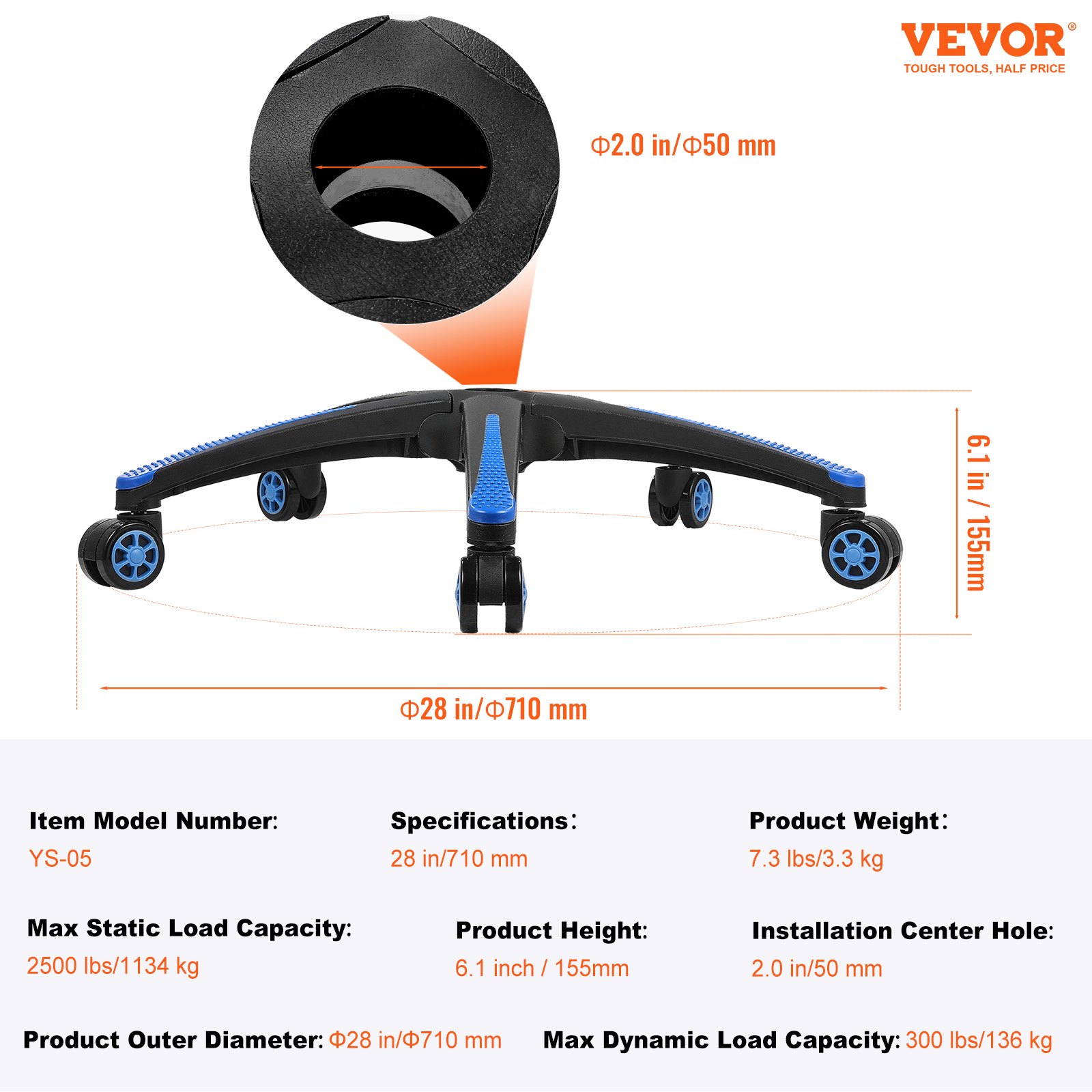 Base de repuesto para silla de oficina VEVOR, 28", carga estática de 2500 lb, base de taburete para silla de escritorio de computadora universal resistente con 5 ruedas y patas reforzadas, base de repuesto para silla de escritorio, negro + azul