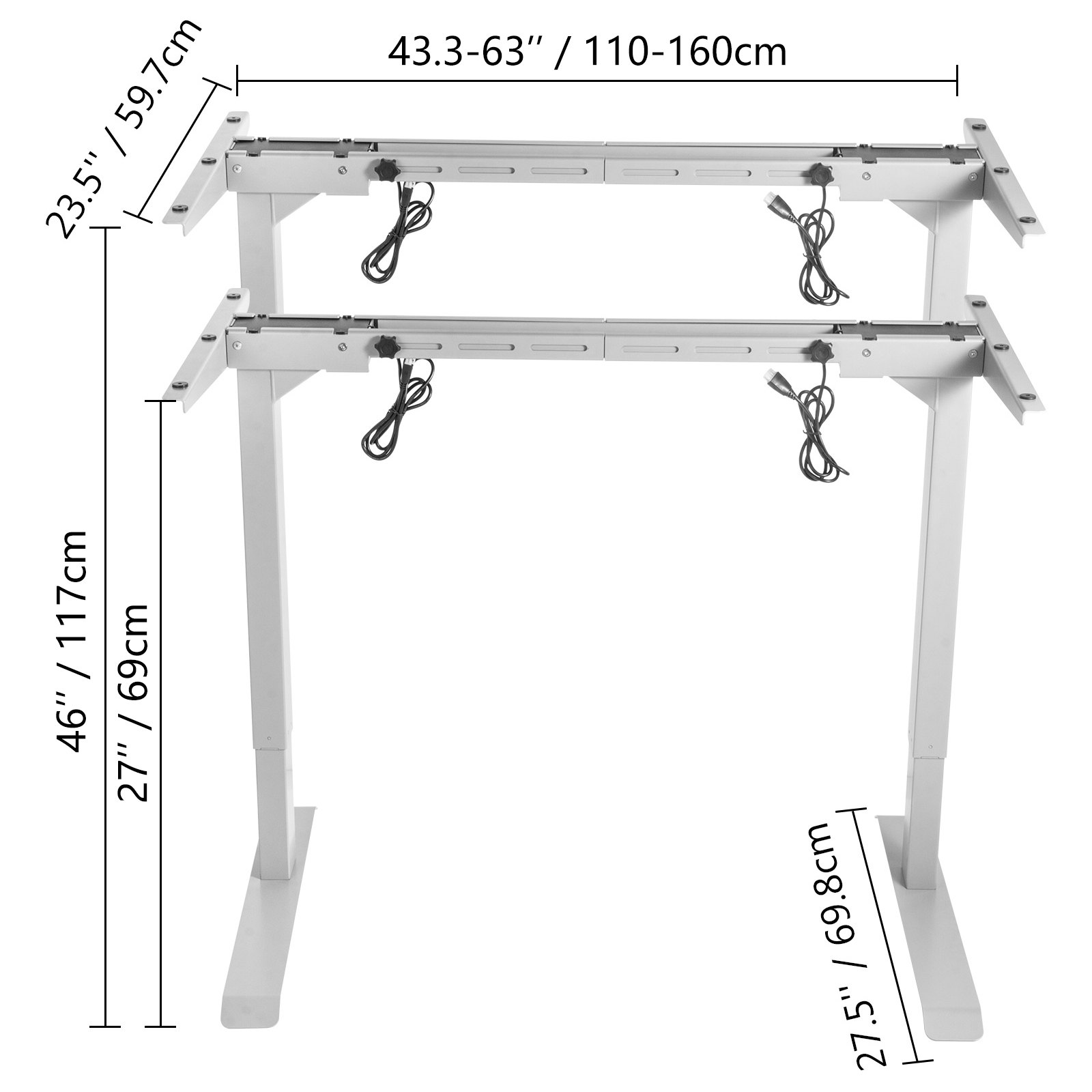 VEVOR Marco de Escritorio de Pie con Altura Ajustable Eléctrico 71,1-116,8 cm Escritorio de Pie de Acero Sólido Gris Escritorio Elevable, Múltiple Escritorio Regulable en Altura Capacidad de 119,7 kg