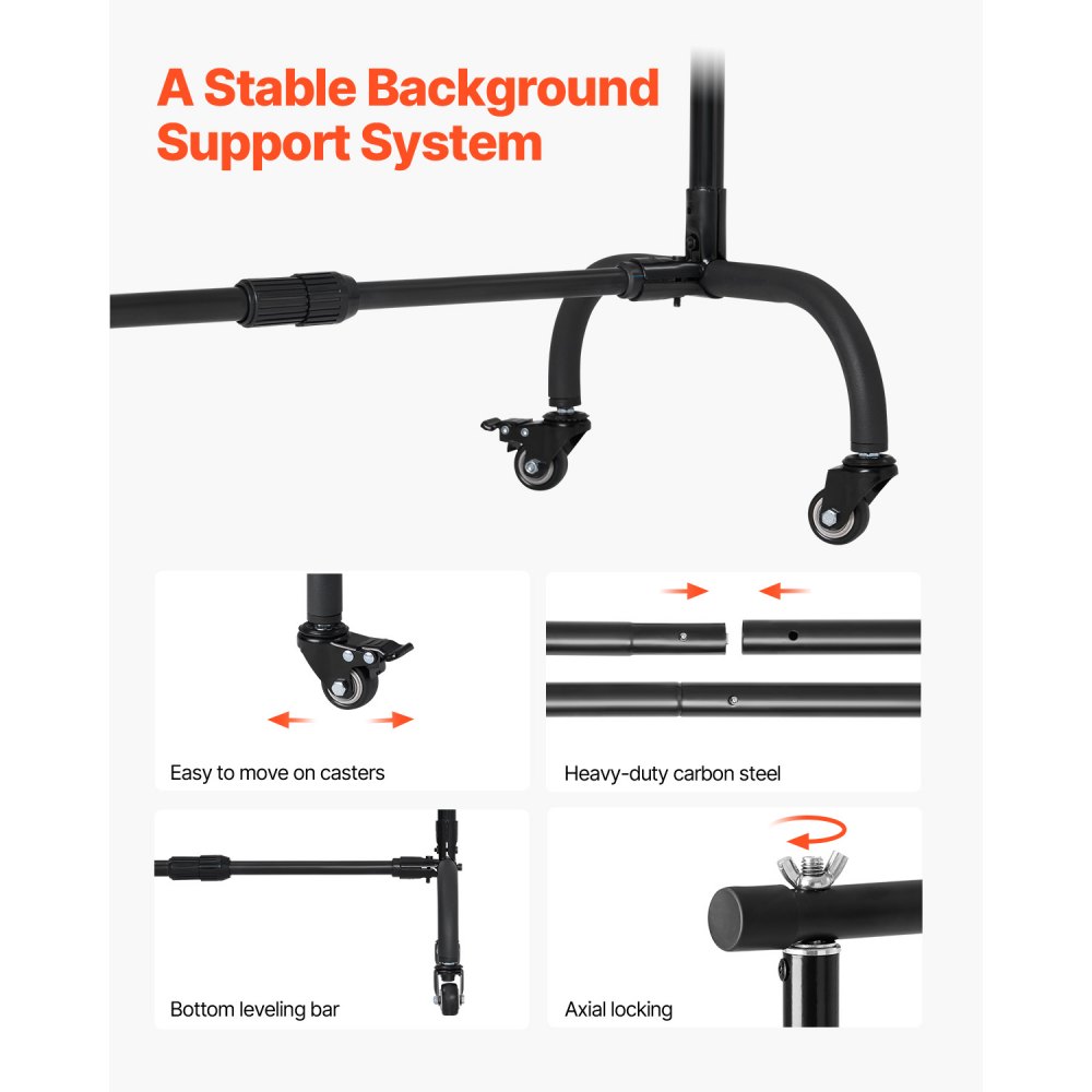 VEVOR Adjustable Photo Backdrop Stand (Backdrop Cloth: 213 x 300 cm), Backdrop Stand with Wheels, Screen Stand for Product Photography and Studio Photography