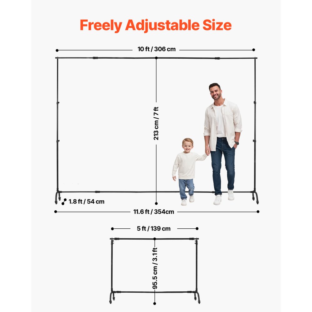 VEVOR Soporte de Fondo Ajustable para Tela de Fondo de Hasta 213 x 300 cm, Soporte Portátil de Altura Ajustable de 95,5-213 cm con Ruedas para Fotografía Familiar, Estudio de Fotografía, Negro