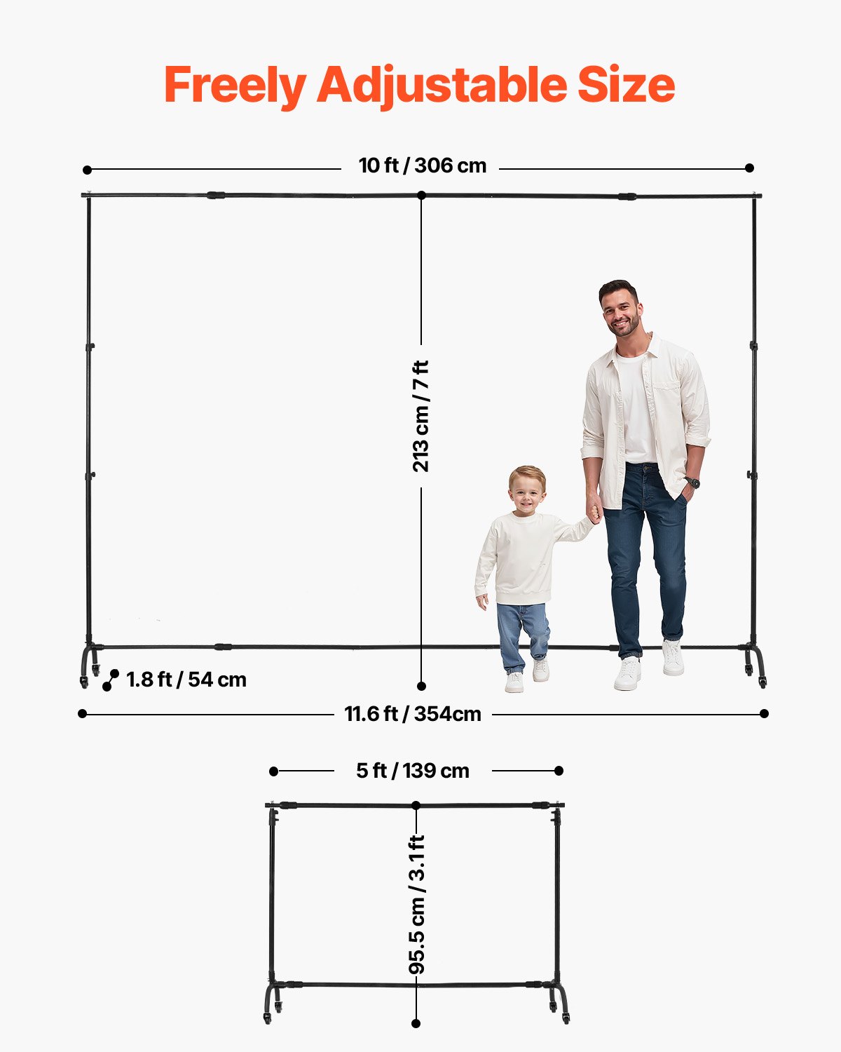 VEVOR Soporte de Fondo Ajustable para Tela de Fondo de Hasta 213 x 300 cm, Soporte Portátil de Altura Ajustable de 95,5-213 cm con Ruedas para Fotografía Familiar, Estudio de Fotografía, Negro