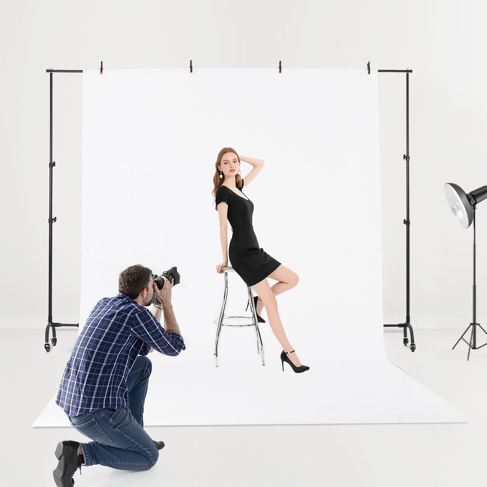 VEVOR Soporte de Fondo Ajustable para Tela de Fondo de Hasta 213 x 300 cm, Soporte Portátil de Altura Ajustable de 95,5-213 cm con Ruedas para Fotografía Familiar, Estudio de Fotografía, Negro