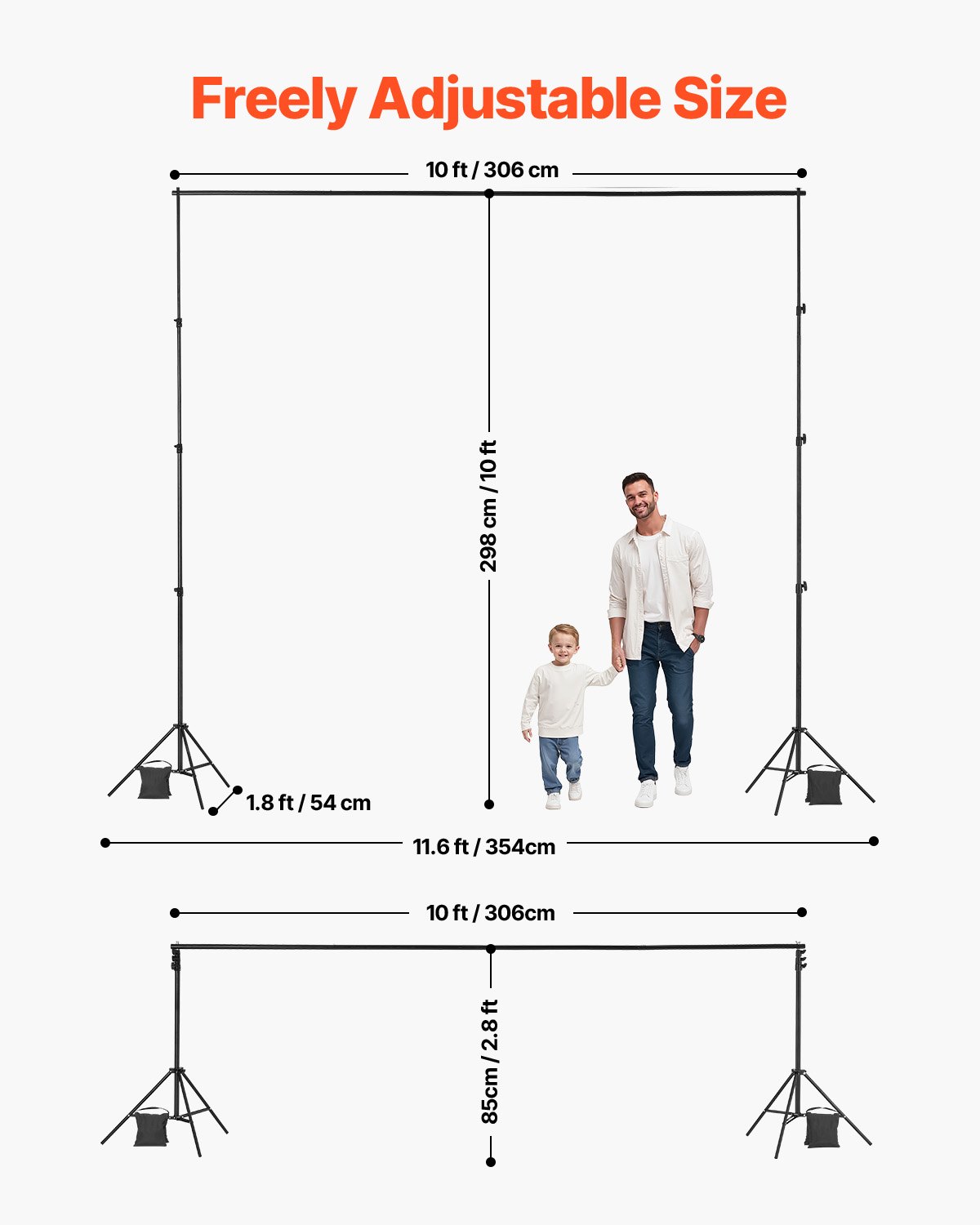 VEVOR Soporte de Fondo Ajustable para Tela de Fondo de Hasta 300 x 300 cm, Soporte Portátil de Altura Ajustable de 85-298 cm con 2 Trípodes para Fotografía Familiar, Estudio de Fotografía, Negro