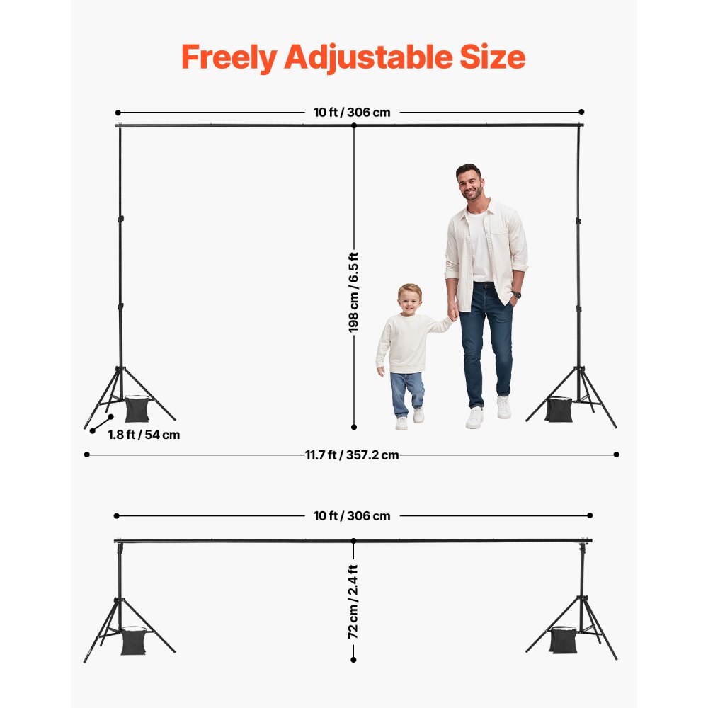 VEVOR Soporte de Fondo Ajustable para Tela de Fondo de Hasta 198 x 300 cm, Soporte Portátil de Altura Ajustable de 72-198 cm con 5 Varillas para Fotografía Familiar, Estudio de Fotografía, Negro