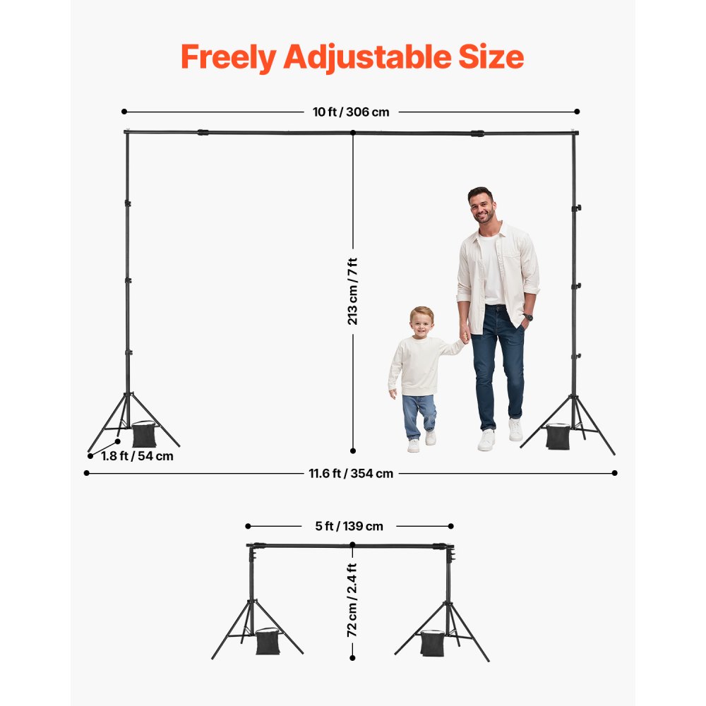 VEVOR Soporte de Fondo Ajustable para Tela de Fondo de Hasta 213 x 300 cm, Soporte Portátil de Altura Ajustable de 139 - 306 cm con Varillas para Fotografía Familiar, Estudio de Fotografía, Negro