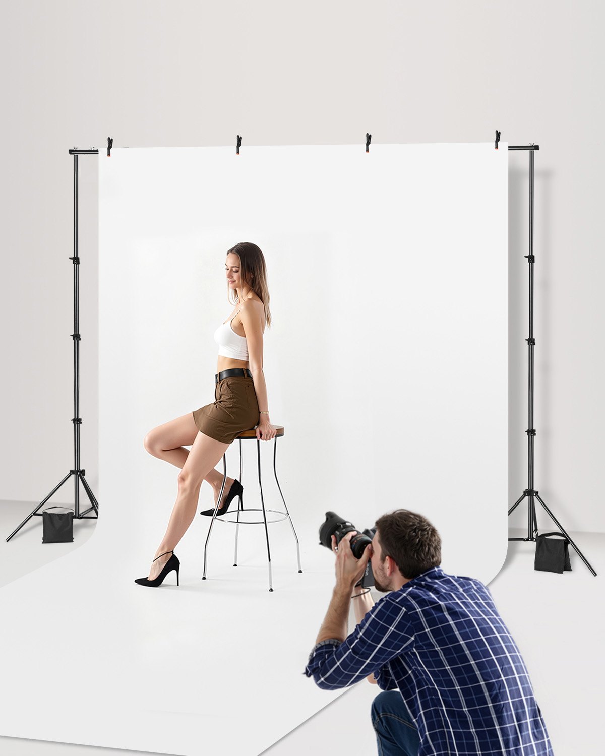 VEVOR Soporte de Fondo Ajustable para Tela de Fondo de Hasta 213 x 300 cm, Soporte Portátil de Altura Ajustable de 139 - 306 cm con Varillas para Fotografía Familiar, Estudio de Fotografía, Negro