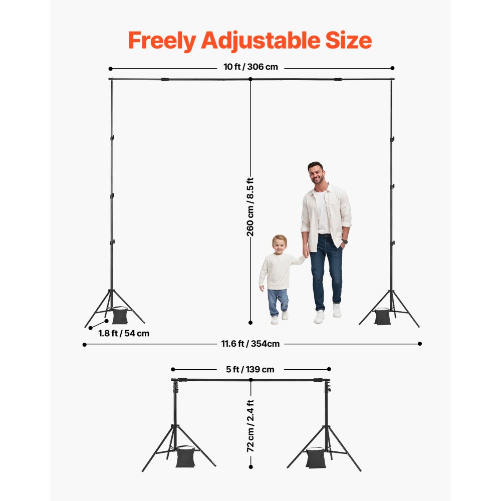 VEVOR Soporte de Fondo Ajustable para Tela de Fondo de Hasta 260 x 300 cm, Soporte Portátil de Altura Ajustable de 139 - 306 cm con 2 Trípodes para Fotografía Familiar, Estudio de Fotografía, Negro