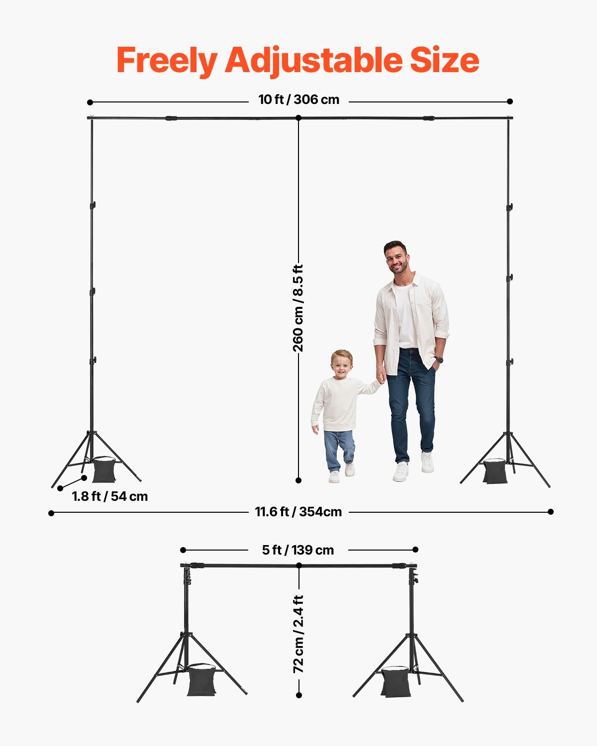VEVOR Soporte de Fondo Ajustable para Tela de Fondo de Hasta 260 x 300 cm, Soporte Portátil de Altura Ajustable de 139 - 306 cm con 2 Trípodes para Fotografía Familiar, Estudio de Fotografía, Negro