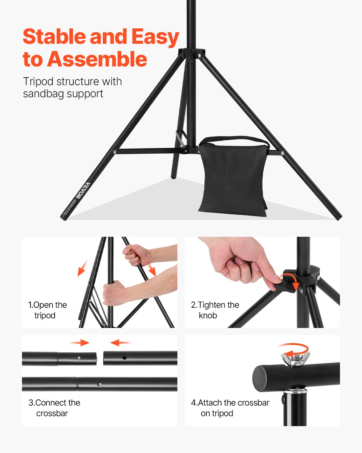 VEVOR Soporte de Fondo Ajustable para Tela de Fondo de Hasta 260 x 300 cm, Soporte Portátil de Altura Ajustable de 139 - 306 cm con 2 Trípodes para Fotografía Familiar, Estudio de Fotografía, Negro