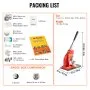 Lista de embalaje de la máquina para fabricar botones VEVOR con componentes, tamaño, peso y libro mágico del Sr. Panda.