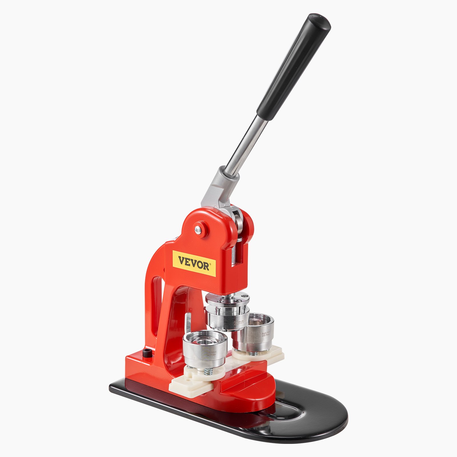 Máquina para hacer botones VEVOR de color rojo, con mango de palanca sobre base negra.